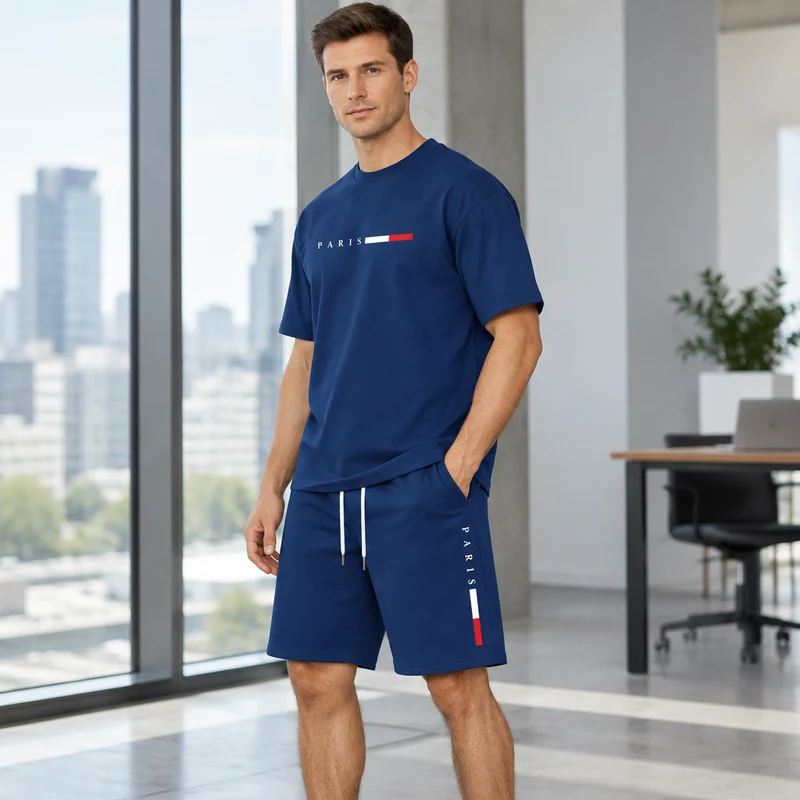 Herren-Sommer-Trainingsanzug-Set – 2-teiliger Kurzarm-Laufanzug mit Rundhalsausschnitt und T-Shirt in Übergröße
