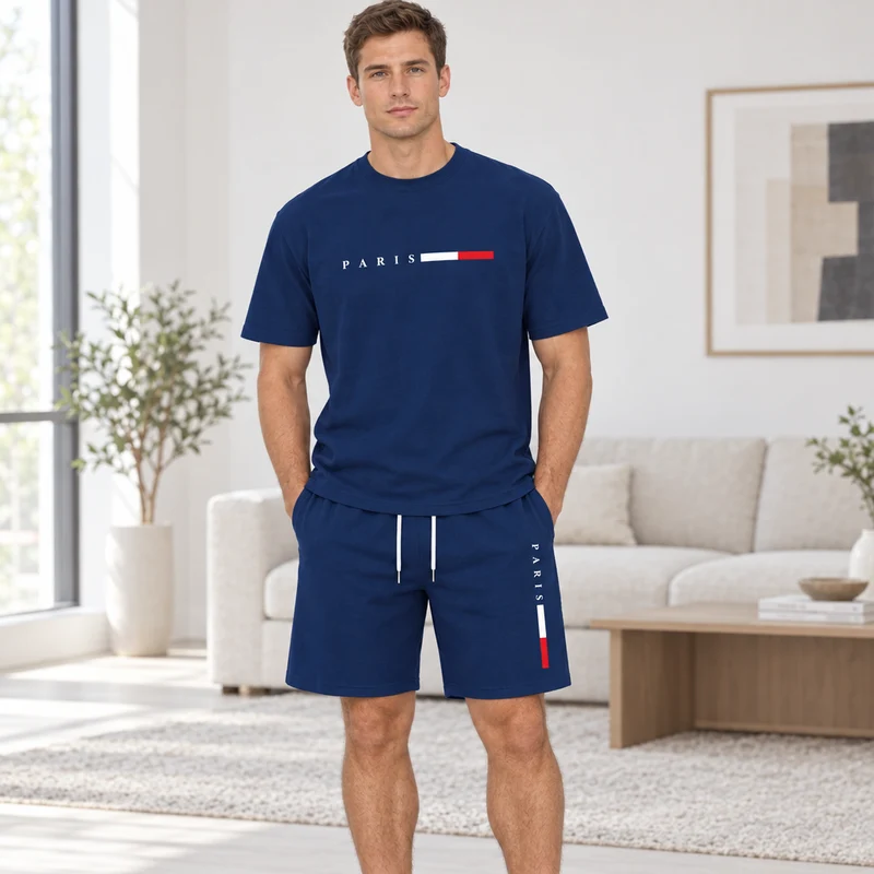 Herren-Sommer-Trainingsanzug-Set – 2-teiliger Kurzarm-Laufanzug mit Rundhalsausschnitt und T-Shirt in Übergröße