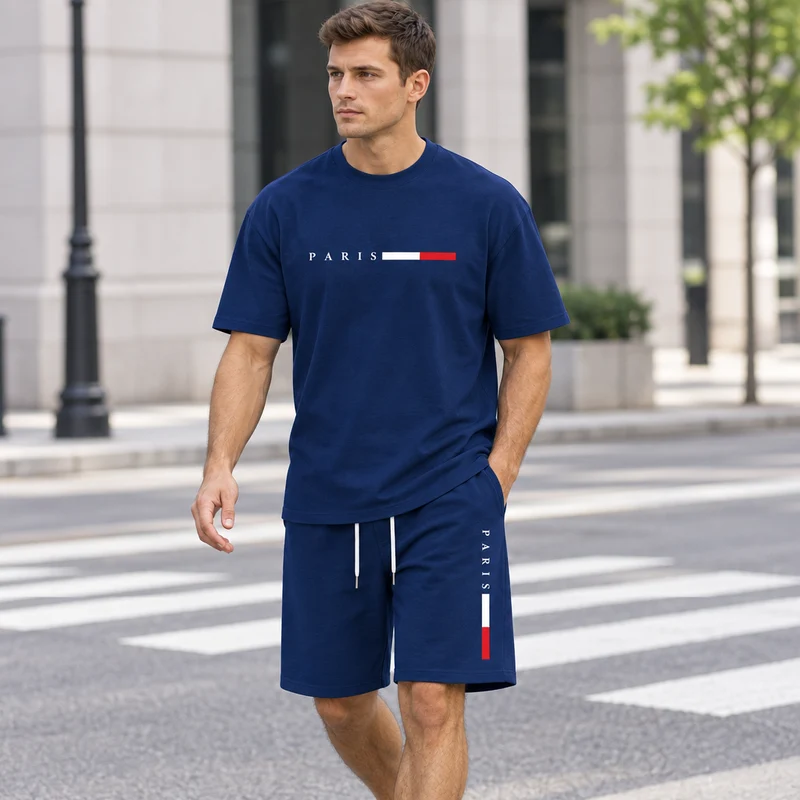 Herren-Sommer-Trainingsanzug-Set – 2-teiliger Kurzarm-Laufanzug mit Rundhalsausschnitt und T-Shirt in Übergröße