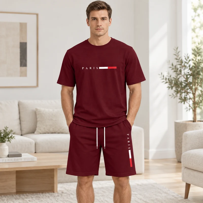 Herren-Sommer-Trainingsanzug-Set – 2-teiliger Kurzarm-Laufanzug mit Rundhalsausschnitt und T-Shirt in Übergröße
