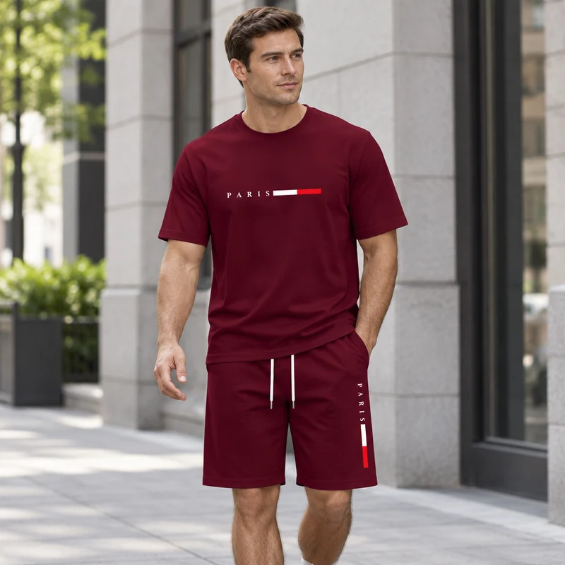 Herren-Sommer-Trainingsanzug-Set – 2-teiliger Kurzarm-Laufanzug mit Rundhalsausschnitt und T-Shirt in Übergröße
