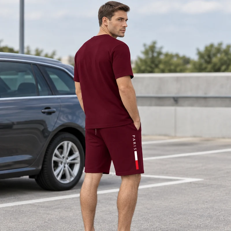 Herren-Sommer-Trainingsanzug-Set – 2-teiliger Kurzarm-Laufanzug mit Rundhalsausschnitt und T-Shirt in Übergröße