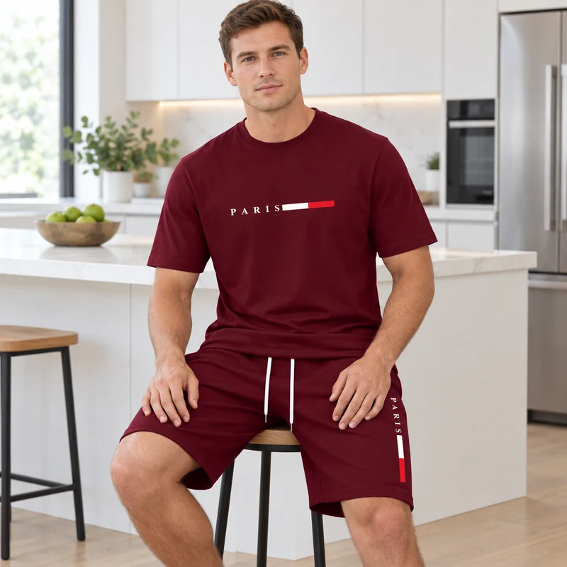 Herren-Sommer-Trainingsanzug-Set – 2-teiliger Kurzarm-Laufanzug mit Rundhalsausschnitt und T-Shirt in Übergröße