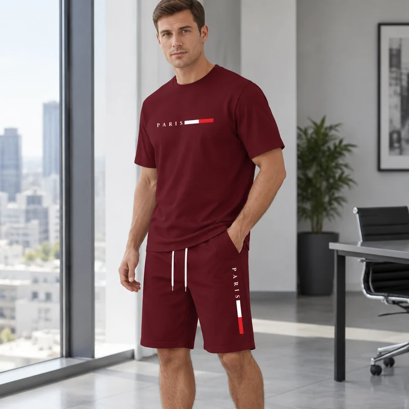 Herren-Sommer-Trainingsanzug-Set – 2-teiliger Kurzarm-Laufanzug mit Rundhalsausschnitt und T-Shirt in Übergröße