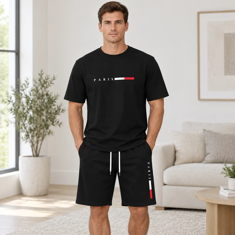 Herren-Sommer-Trainingsanzug-Set – 2-teiliger Kurzarm-Laufanzug mit Rundhalsausschnitt und T-Shirt in Übergröße