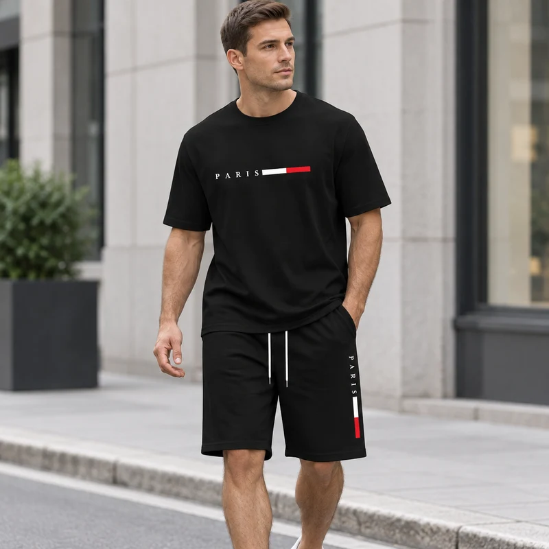 Herren-Sommer-Trainingsanzug-Set – 2-teiliger Kurzarm-Laufanzug mit Rundhalsausschnitt und T-Shirt in Übergröße