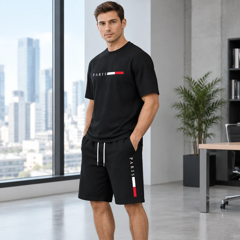Herren-Sommer-Trainingsanzug-Set – 2-teiliger Kurzarm-Laufanzug mit Rundhalsausschnitt und T-Shirt in Übergröße