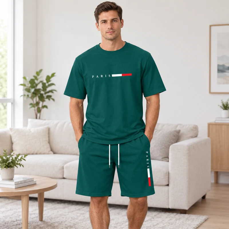 Herren-Sommer-Trainingsanzug-Set – 2-teiliger Kurzarm-Laufanzug mit Rundhalsausschnitt und T-Shirt in Übergröße