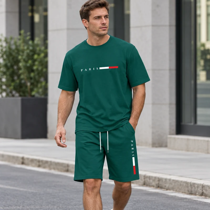 Herren-Sommer-Trainingsanzug-Set – 2-teiliger Kurzarm-Laufanzug mit Rundhalsausschnitt und T-Shirt in Übergröße