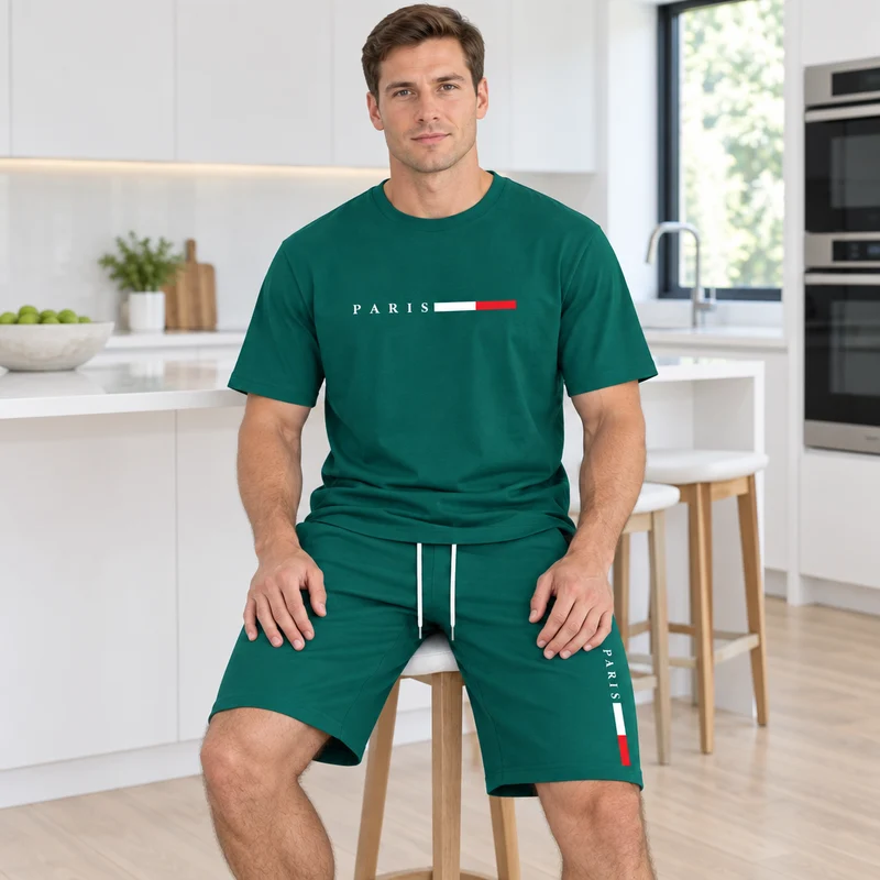 Herren-Sommer-Trainingsanzug-Set – 2-teiliger Kurzarm-Laufanzug mit Rundhalsausschnitt und T-Shirt in Übergröße