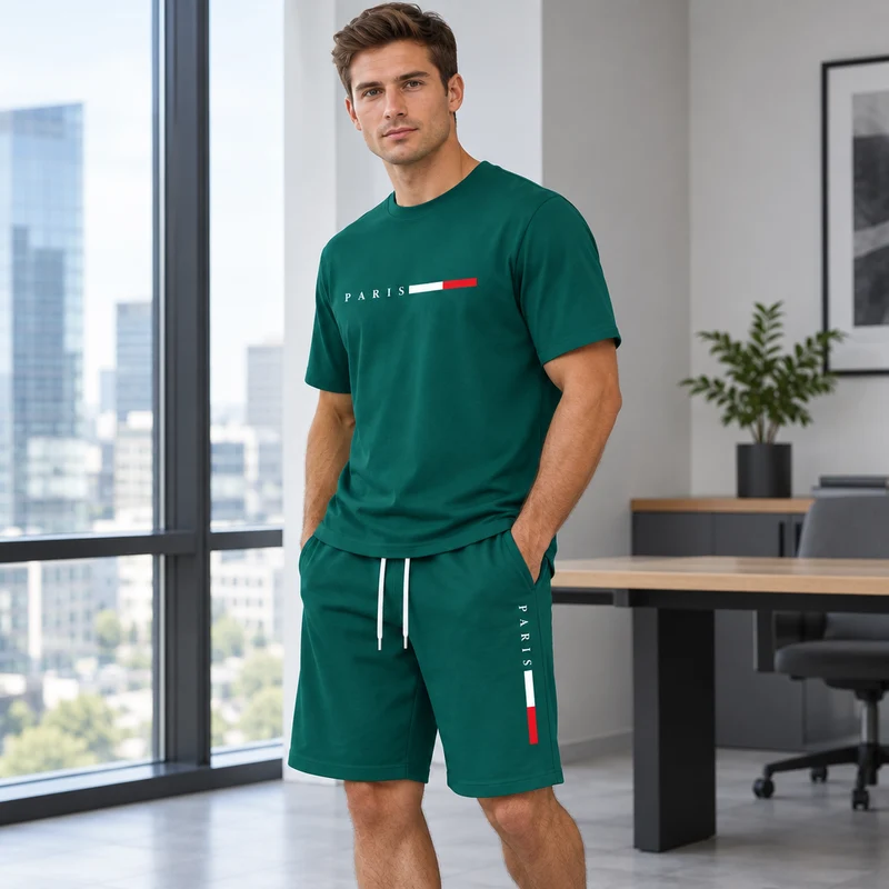 Herren-Sommer-Trainingsanzug-Set – 2-teiliger Kurzarm-Laufanzug mit Rundhalsausschnitt und T-Shirt in Übergröße