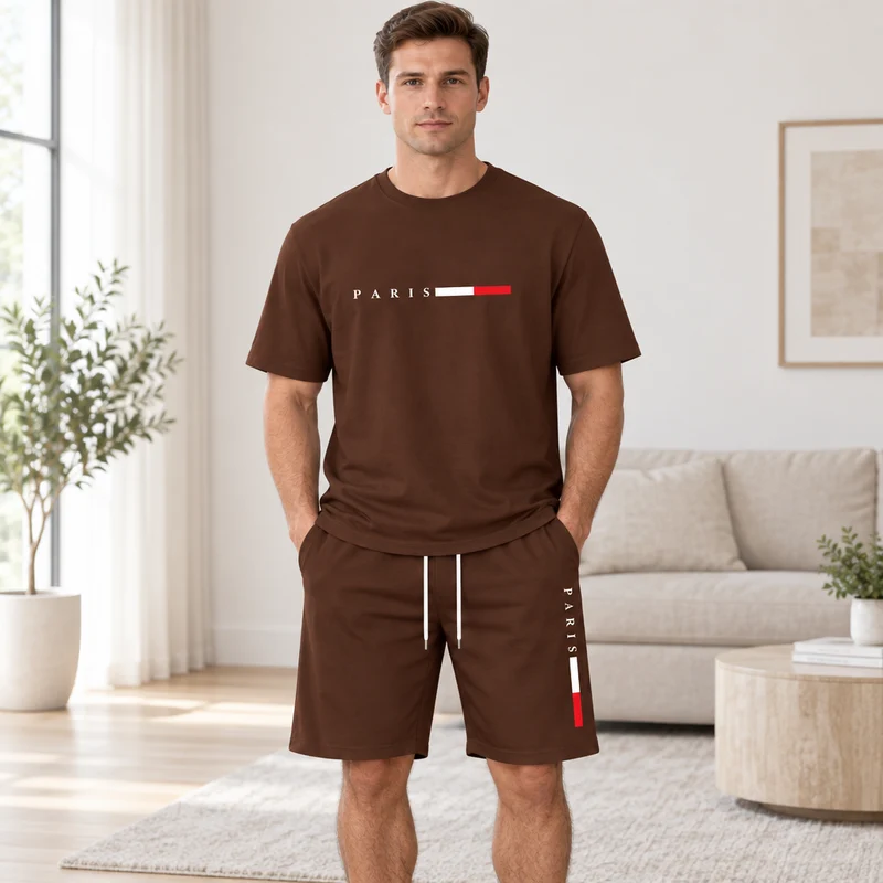 Herren-Sommer-Trainingsanzug-Set – 2-teiliger Kurzarm-Laufanzug mit Rundhalsausschnitt und T-Shirt in Übergröße