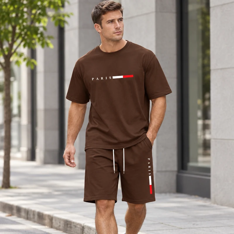 Herren-Sommer-Trainingsanzug-Set – 2-teiliger Kurzarm-Laufanzug mit Rundhalsausschnitt und T-Shirt in Übergröße
