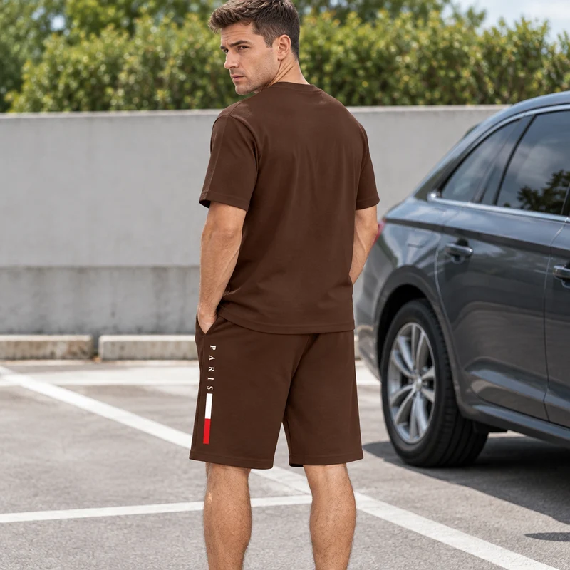 Herren-Sommer-Trainingsanzug-Set – 2-teiliger Kurzarm-Laufanzug mit Rundhalsausschnitt und T-Shirt in Übergröße