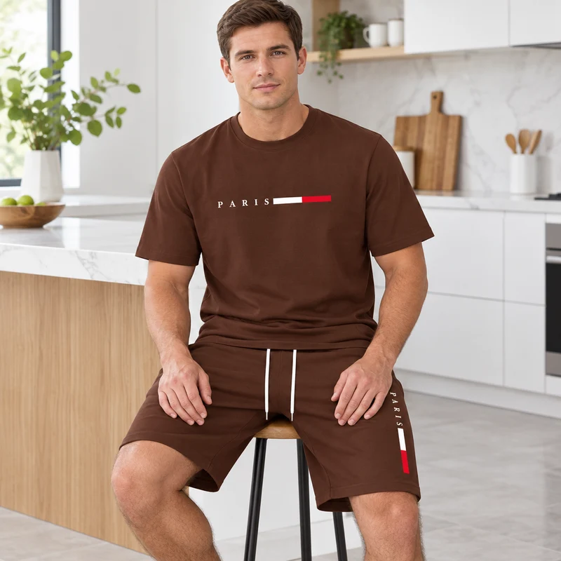 Herren-Sommer-Trainingsanzug-Set – 2-teiliger Kurzarm-Laufanzug mit Rundhalsausschnitt und T-Shirt in Übergröße