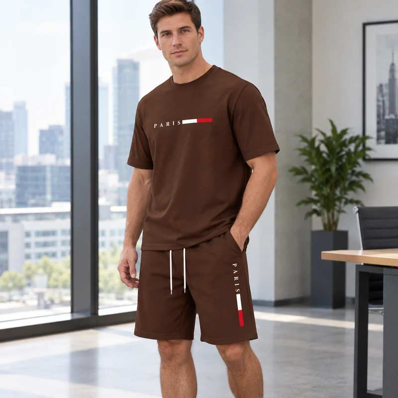 Herren-Sommer-Trainingsanzug-Set – 2-teiliger Kurzarm-Laufanzug mit Rundhalsausschnitt und T-Shirt in Übergröße