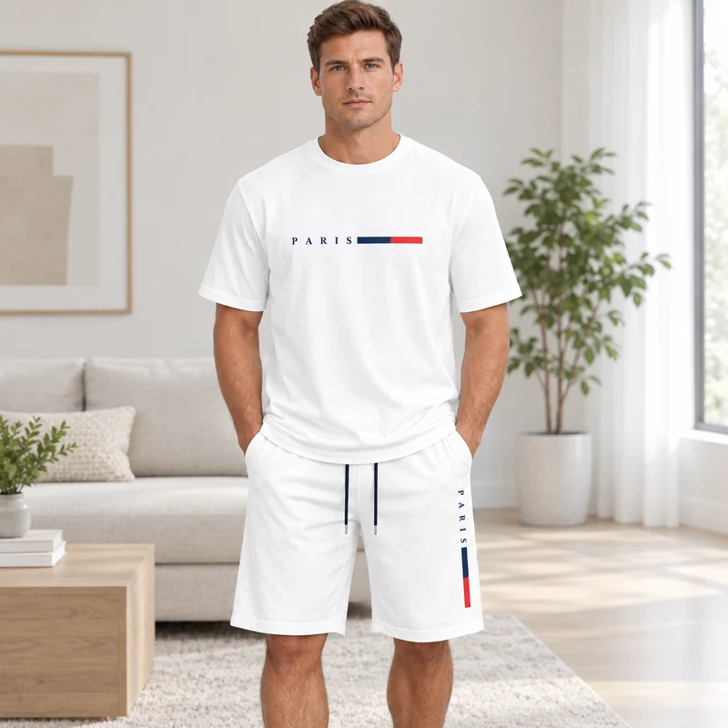 Herren-Sommer-Trainingsanzug-Set – 2-teiliger Kurzarm-Laufanzug mit Rundhalsausschnitt und T-Shirt in Übergröße