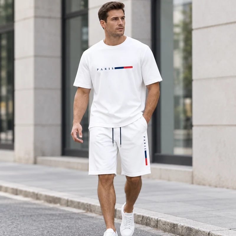 Herren-Sommer-Trainingsanzug-Set – 2-teiliger Kurzarm-Laufanzug mit Rundhalsausschnitt und T-Shirt in Übergröße