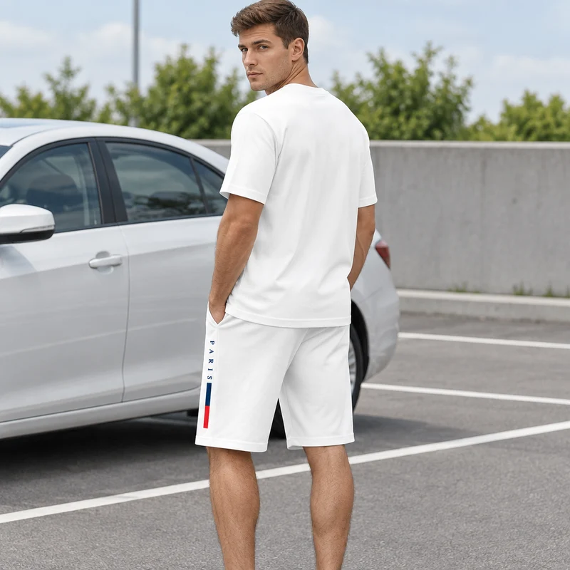 Herren-Sommer-Trainingsanzug-Set – 2-teiliger Kurzarm-Laufanzug mit Rundhalsausschnitt und T-Shirt in Übergröße