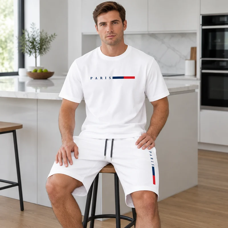 Herren-Sommer-Trainingsanzug-Set – 2-teiliger Kurzarm-Laufanzug mit Rundhalsausschnitt und T-Shirt in Übergröße
