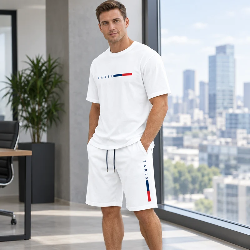 Herren-Sommer-Trainingsanzug-Set – 2-teiliger Kurzarm-Laufanzug mit Rundhalsausschnitt und T-Shirt in Übergröße