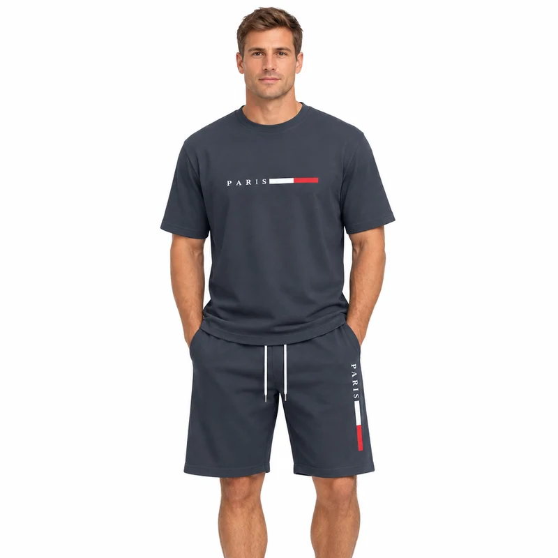 Herren-Sommer-Trainingsanzug-Set – 2-teiliger Kurzarm-Laufanzug mit Rundhalsausschnitt und T-Shirt in Übergröße