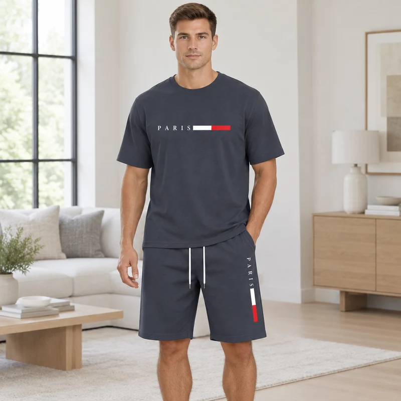 Herren-Sommer-Trainingsanzug-Set – 2-teiliger Kurzarm-Laufanzug mit Rundhalsausschnitt und T-Shirt in Übergröße