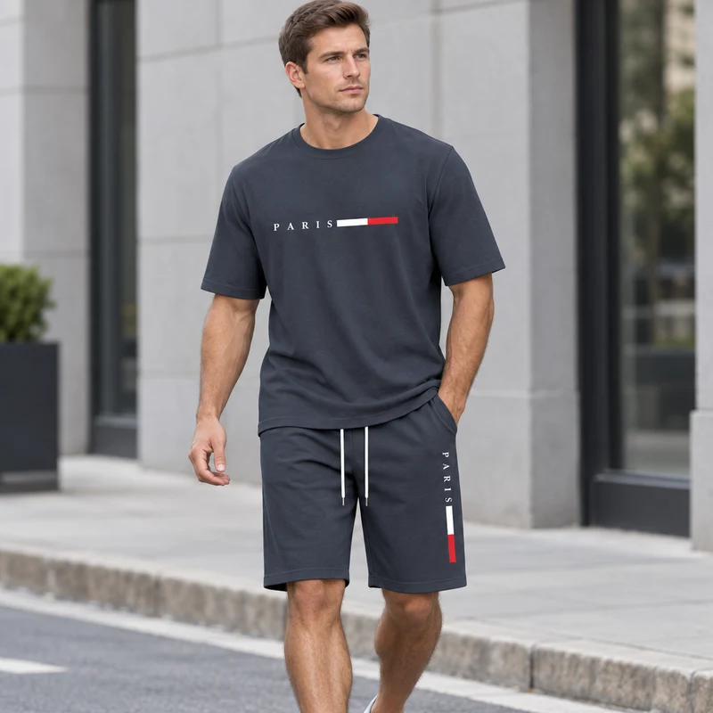 Herren-Sommer-Trainingsanzug-Set – 2-teiliger Kurzarm-Laufanzug mit Rundhalsausschnitt und T-Shirt in Übergröße