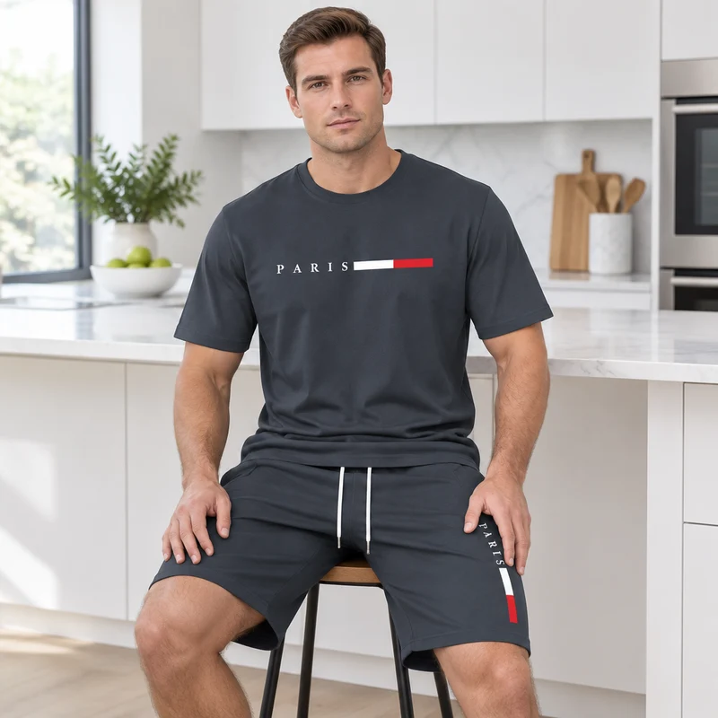 Herren-Sommer-Trainingsanzug-Set – 2-teiliger Kurzarm-Laufanzug mit Rundhalsausschnitt und T-Shirt in Übergröße