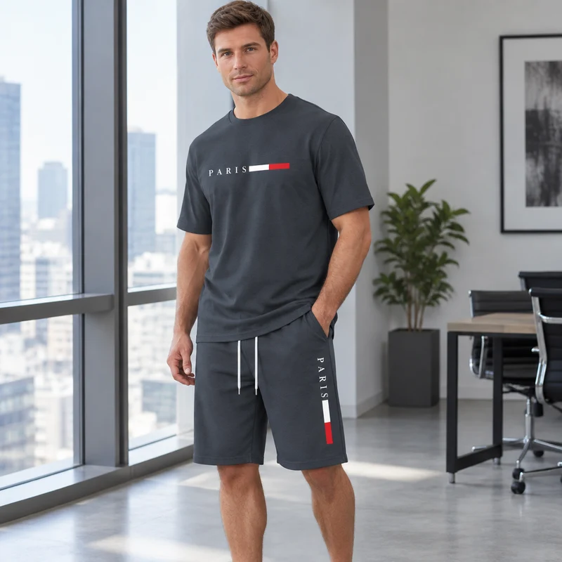 Herren-Sommer-Trainingsanzug-Set – 2-teiliger Kurzarm-Laufanzug mit Rundhalsausschnitt und T-Shirt in Übergröße