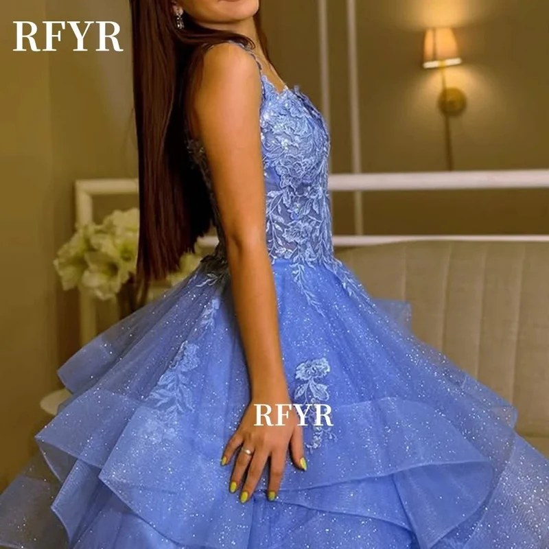 RFYR A-Linien-Abendkleid, Spitzen-Ballkleid, mehrlagig, elegant, Prinzessinnenkleid, Applikationen, Partykleid
