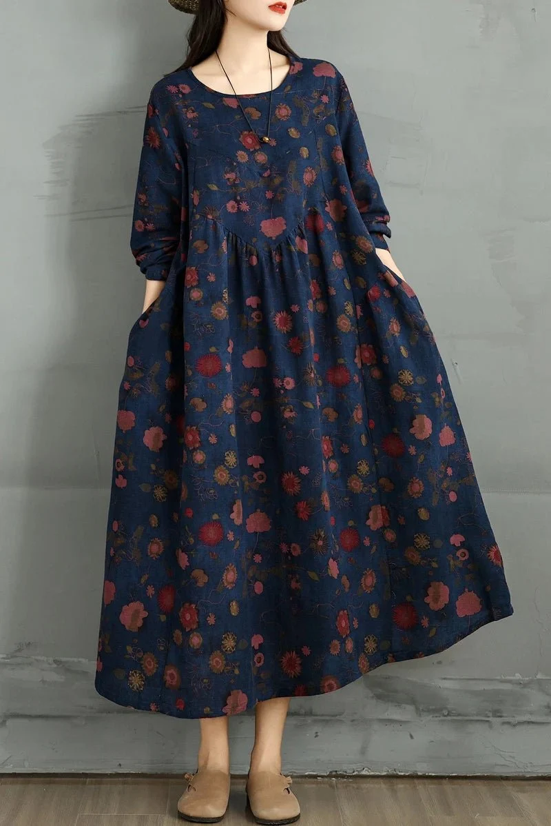 Elegantes Vintage-Kleid mit Blumenmuster für Damen – perfekt für Frühling und Herbst