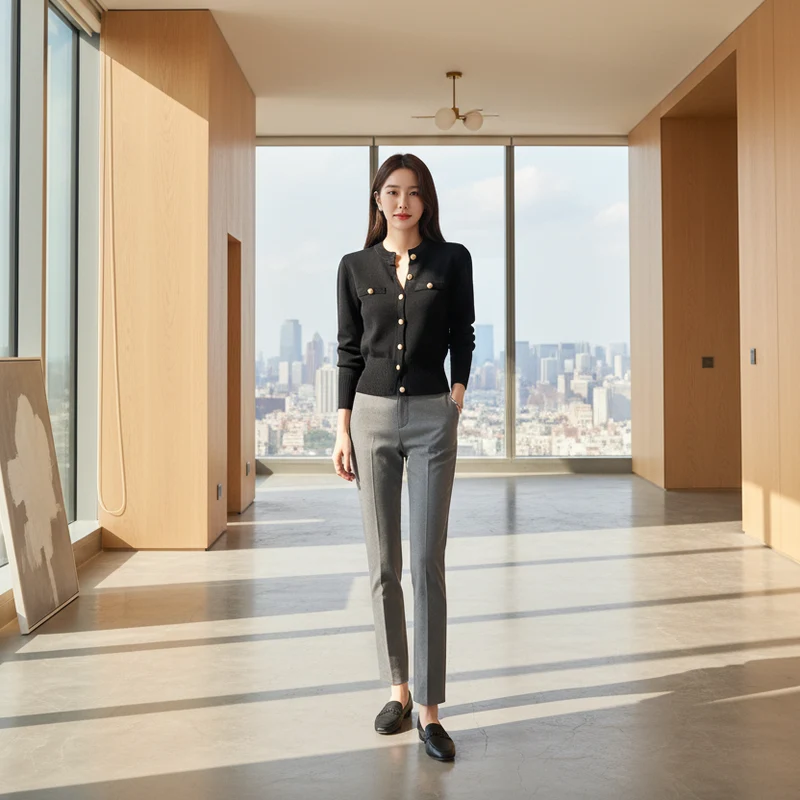 Damen-Strickcardigan mit Knopfleiste – Kuscheliges Woll-Baumwoll-Gemisch, lange Ärmel, Rundhalsausschnitt