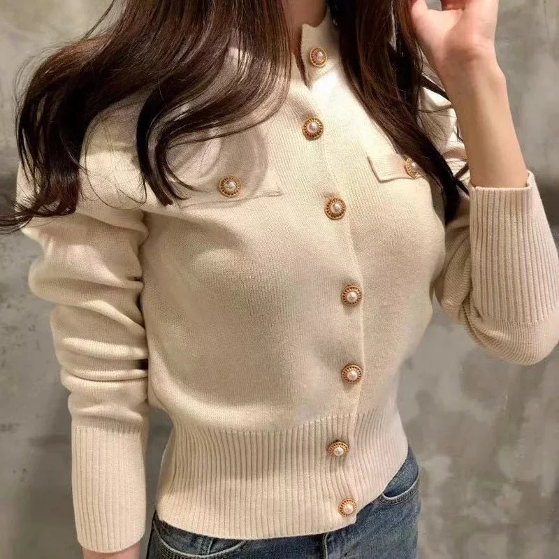 Damen-Strickcardigan mit Knopfleiste – Kuscheliges Woll-Baumwoll-Gemisch, lange Ärmel, Rundhalsausschnitt