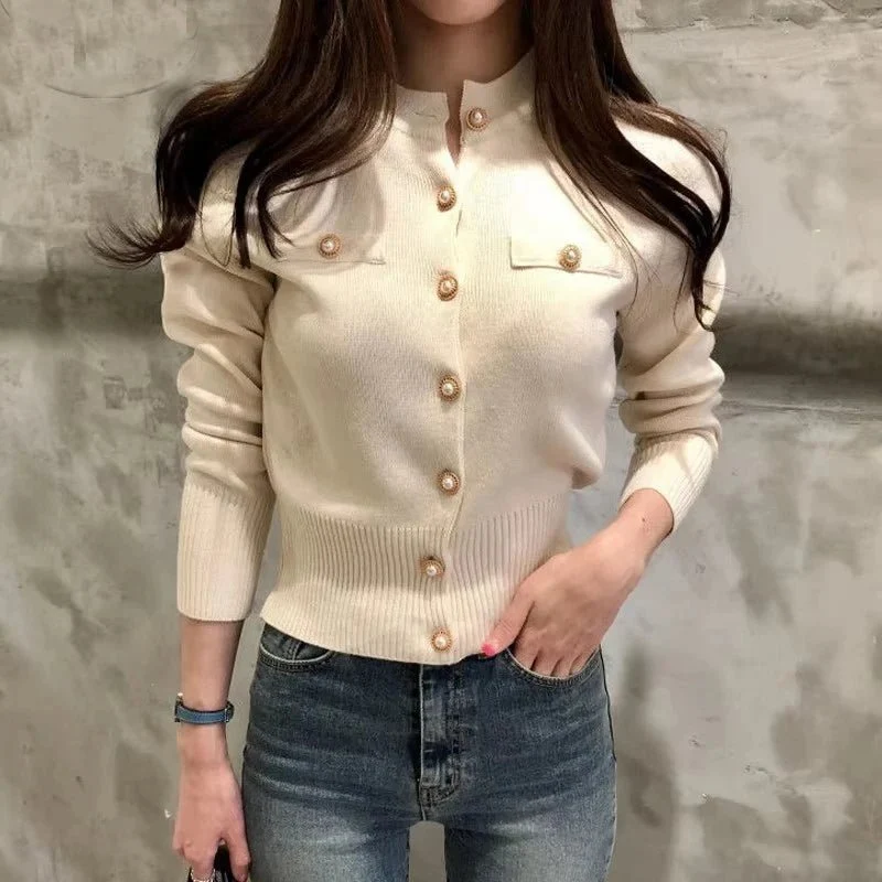 Damen-Strickcardigan mit Knopfleiste – Kuscheliges Woll-Baumwoll-Gemisch, lange Ärmel, Rundhalsausschnitt