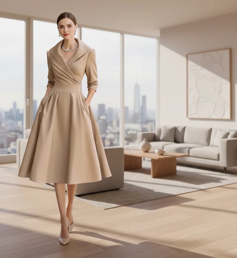 Elegantes, langärmeliges Satinkleid für Frühling und Herbst – vielseitig und stilvoll