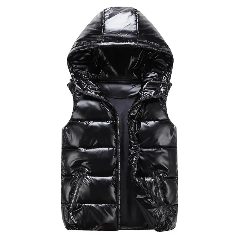 Ärmellose Herren-Winterweste – Modische, glänzende Kapuzenjacke mit Taschen, warme, wattierte Baumwollweste in Rot und Schwarz für den Herbst