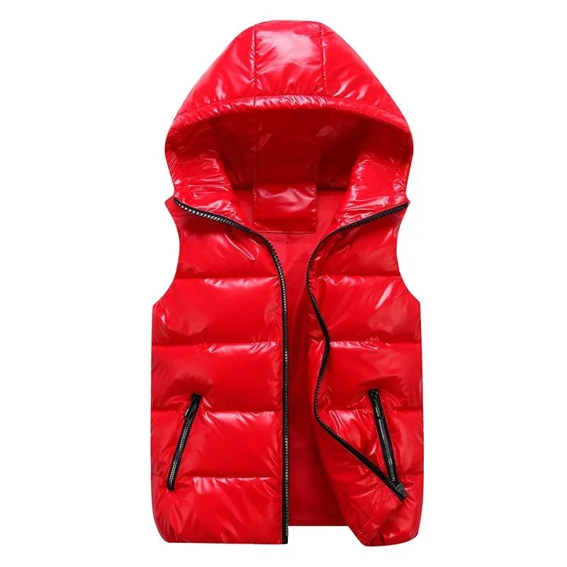 Ärmellose Herren-Winterweste – Modische, glänzende Kapuzenjacke mit Taschen, warme, wattierte Baumwollweste in Rot und Schwarz für den Herbst