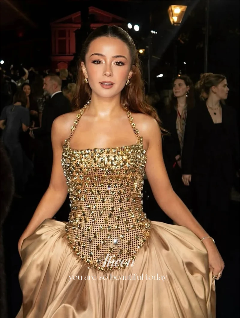 Aileen Satin Gold Trägerloses Abendkleid - Maßgeschneidertes bodenlanges Ballkleid