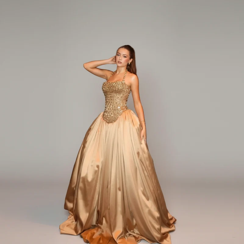 Aileen Satin Gold Trägerloses Abendkleid - Maßgeschneidertes bodenlanges Ballkleid