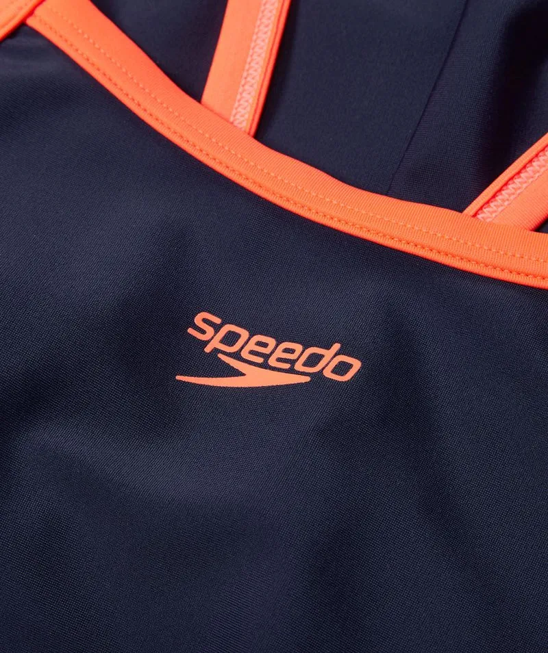 Speedo Badeanzug für Mädchen - Plastisol Placement Muscleback - Dunkelblau/Orange