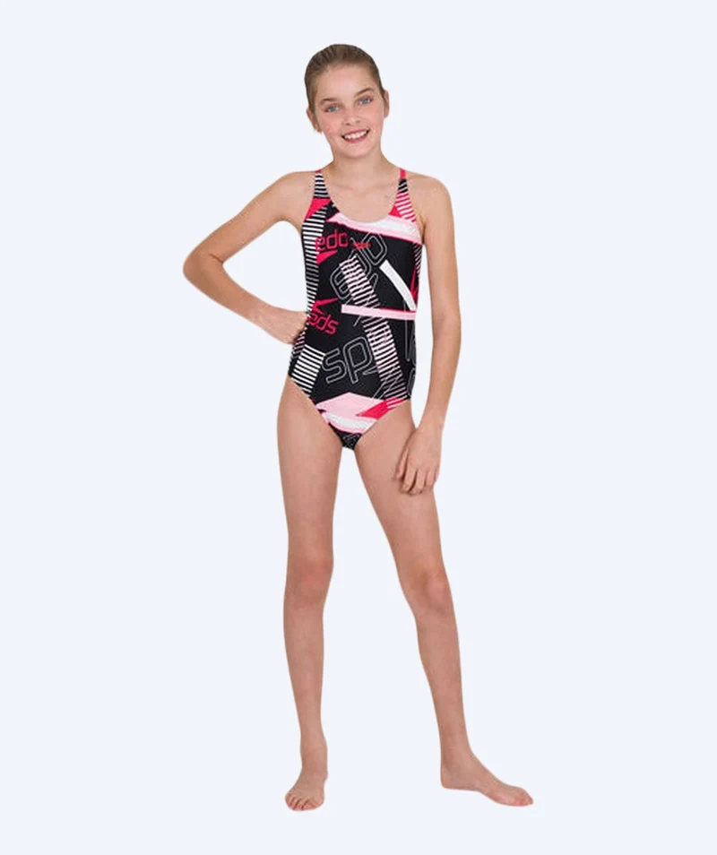 Speedo Badeanzug für Mädchen - Junglespeak Allover Tieback - Schwarz/Rot/Hellrosa