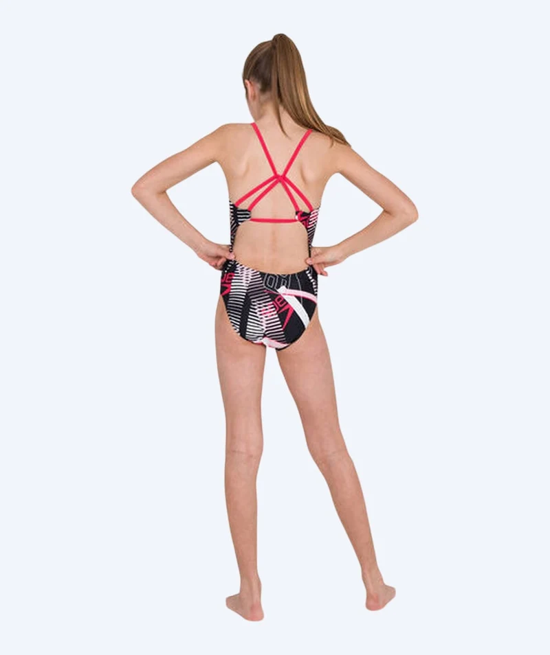 Speedo Badeanzug für Mädchen - Junglespeak Allover Tieback - Schwarz/Rot/Hellrosa