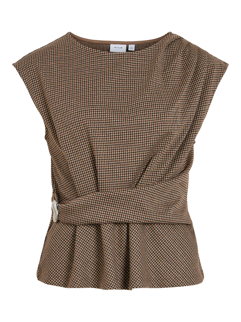 VICHEKKA O-NECK S/L CHECKERED TOP