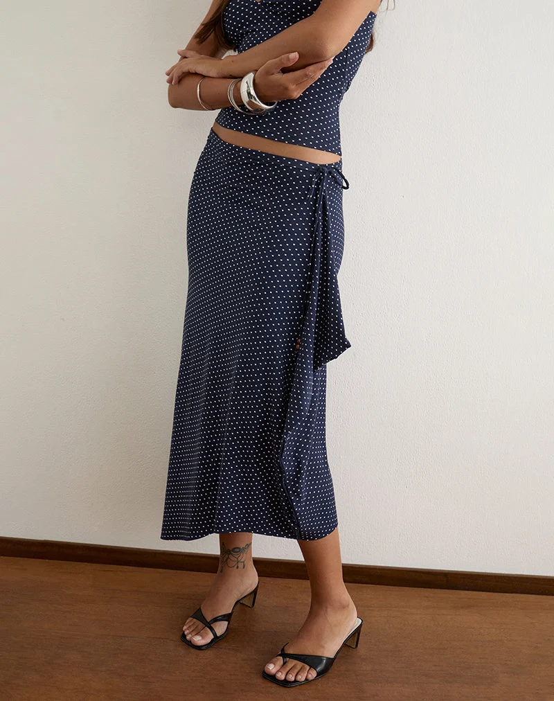 Phemia-Maxirock mit Perlen aus Jersey in Marineblau mit Mikro-Polka-Print