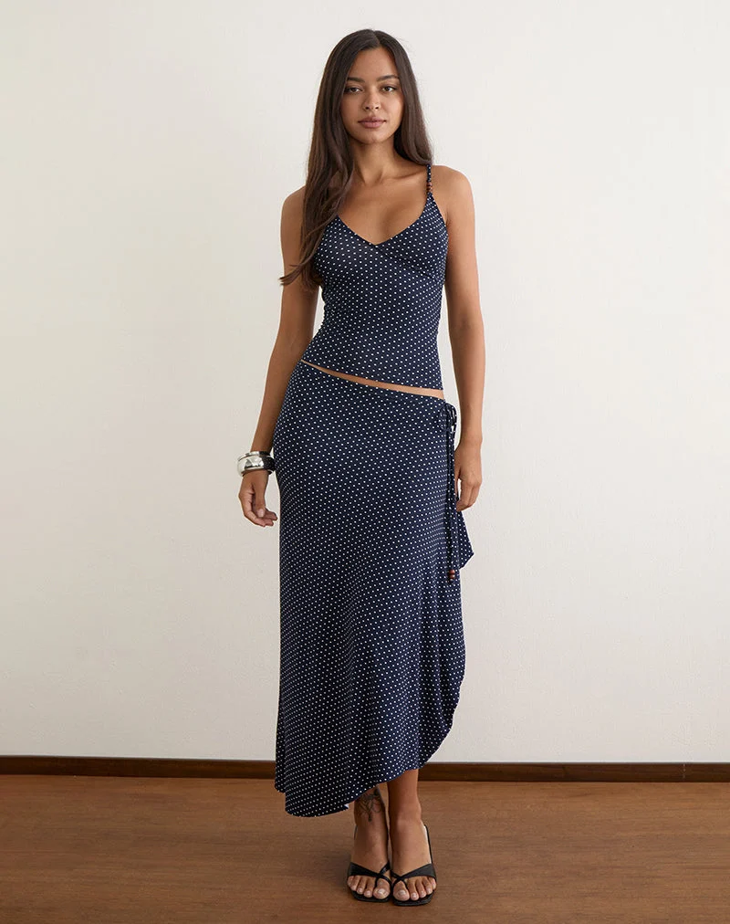 Phemia-Maxirock mit Perlen aus Jersey in Marineblau mit Mikro-Polka-Print