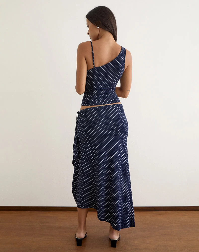 Phemia-Maxirock mit Perlen aus Jersey in Marineblau mit Mikro-Polka-Print