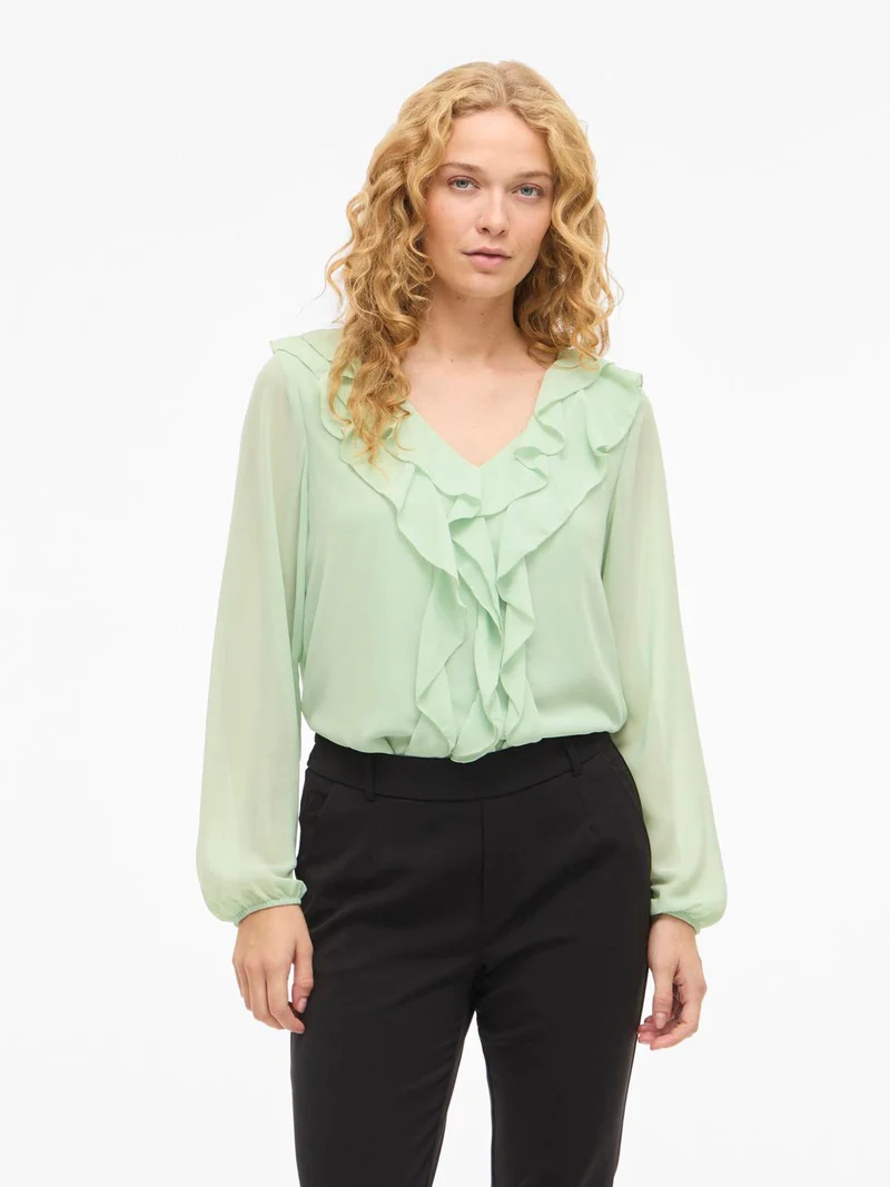 VIANE L/S V-NECK FRILL TOP
