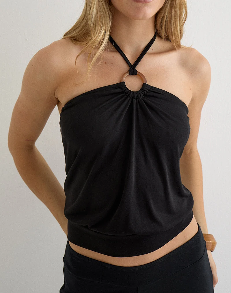 Ballerie-Haltertop aus Cupro, schwarz