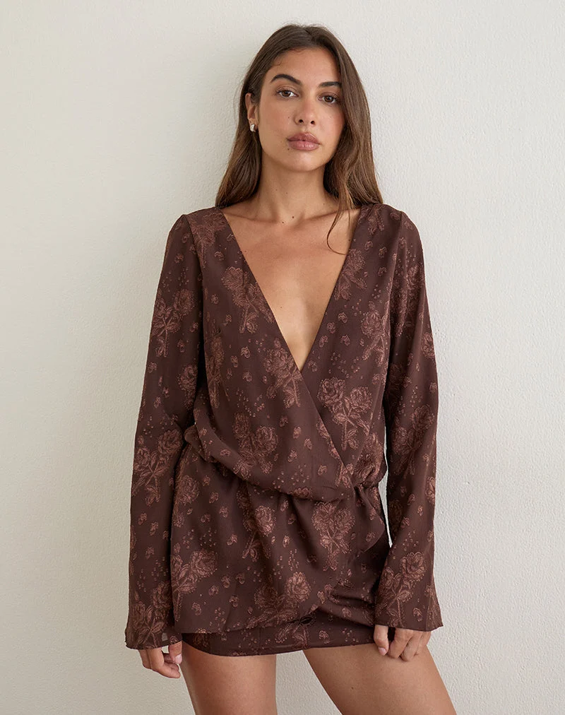 Alaia Minikleid aus braunem Chiffon mit Blumen-Jacquardmuster